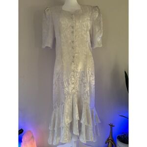 Vintage 80s Dress Satin Jacquard Floral Romantic Prairie Bridal Feminine Elegant